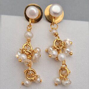 Baroque Genuine Freshwater Pearl Cluster Dangle Earrings Gold-Tone